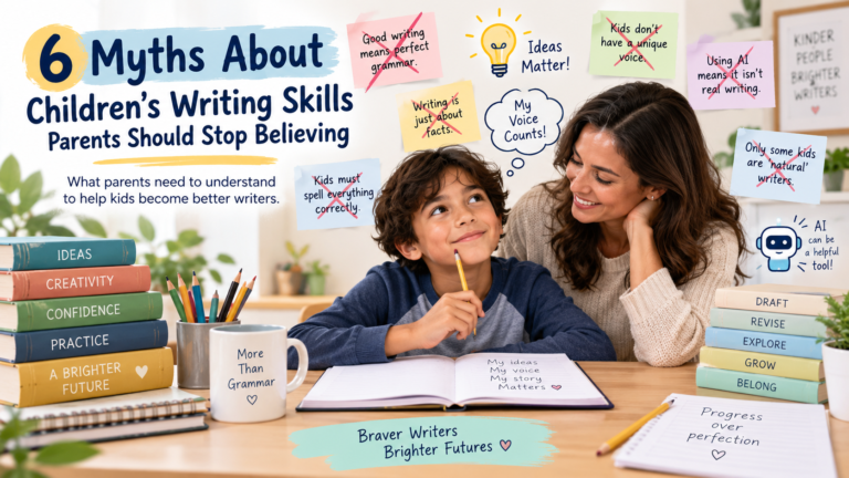 Parent encouraging a child who is writing at a desk, surrounded by crossed-out myths about children’s writing skills, grammar, creativity, reading, and AI.