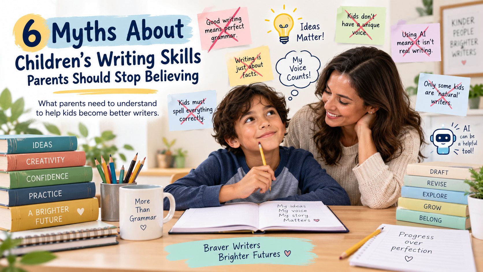 Parent encouraging a child who is writing at a desk, surrounded by crossed-out myths about children’s writing skills, grammar, creativity, reading, and AI.
