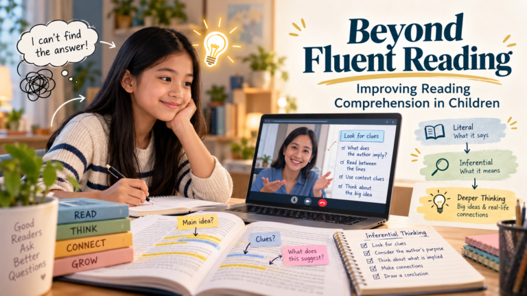 A young student practices reading comprehension during an online tutoring session, learning to identify clues, make inferences, and think beyond the words.